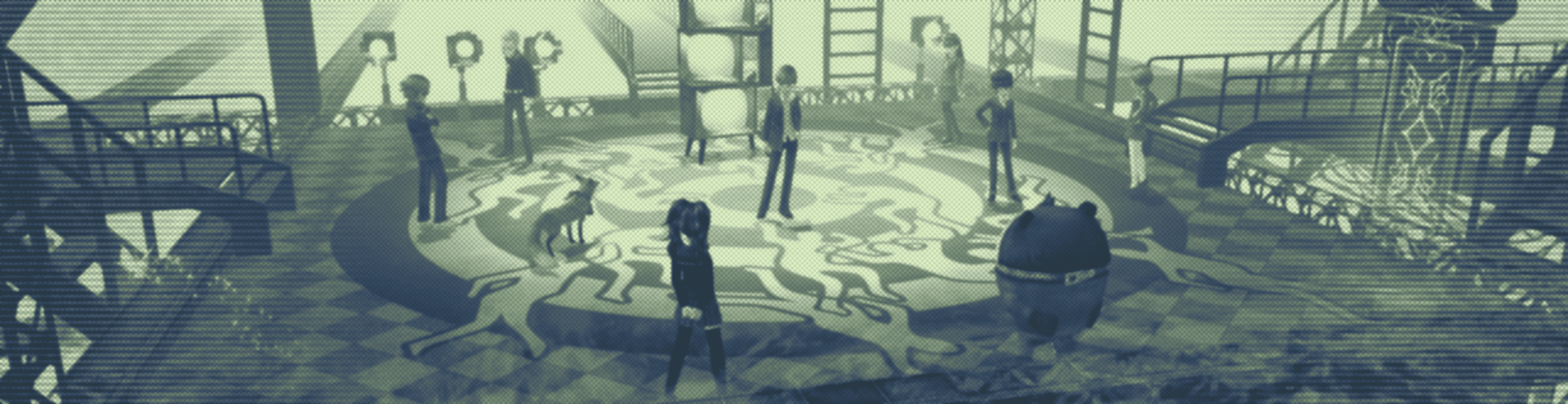 An in game screenshot of Persona 4. The party is currently in the 'TV world' hub. It looks like a stage set covered in fog. A set of stacked TVs sits near the north of the platform. Yukiko, Naoto, Chie, Teddie, Rise Fox, Yosuke, and Kanji are all standing in a circle surrounding Yu. A blue-green duotone effect and a halftone effect have been applied to the image.