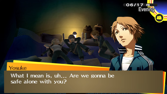 An in game screenshot from Persona 4 Golden. Kanji, Yu, and Yosuke are all on the floor of a tent. The tent is only lit by a lanturn. Yosuke's character sprite is to the right of the screen, he is currently speaking and has a neutral expression. The textbox at the bottom of the screen reads: 'What I mean is, uh... Are we gonna be safe alone with you?'.