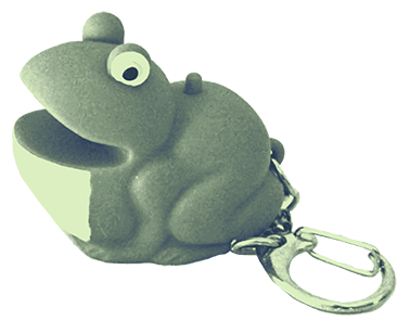 An image of a frog key chain. The frog is more cartoon like than realistic. It is currently facing the left with its mouth open. The key ring is attached to its behind. The image has a transparent background, a blue-green duotone effect, and a halftone effect.